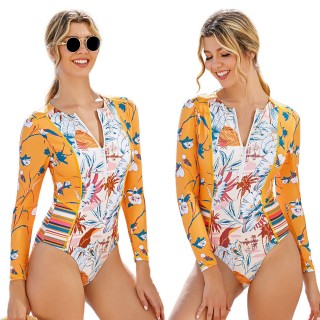 2022 Women Printed Rash Guard Long Sleeve One Piece Plus Size Swimsuit Sunscreen Surfing Monokini Swimwear Bathing Suit